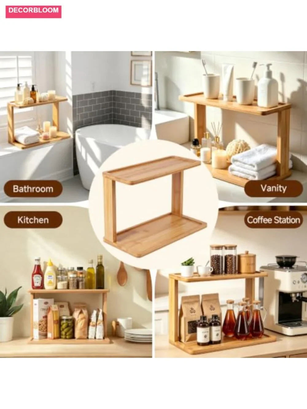 2-Tier Bamboo Countertop Coffee Station Organizer with Coffee Pod Holder